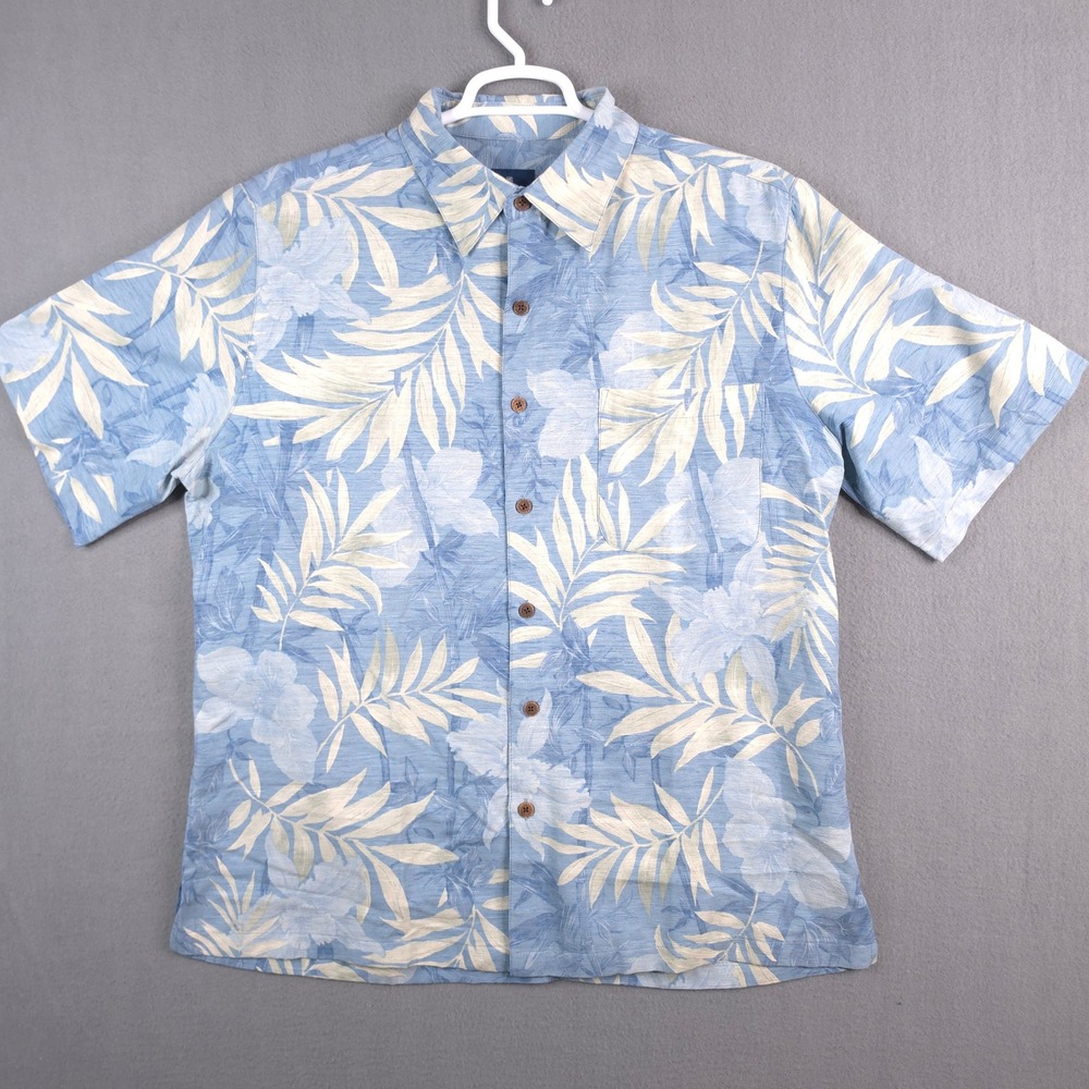 Caribbean Joe Mens XL Blue 100% Silk Tropical Palm Leaf Button Front Aloha Shirt